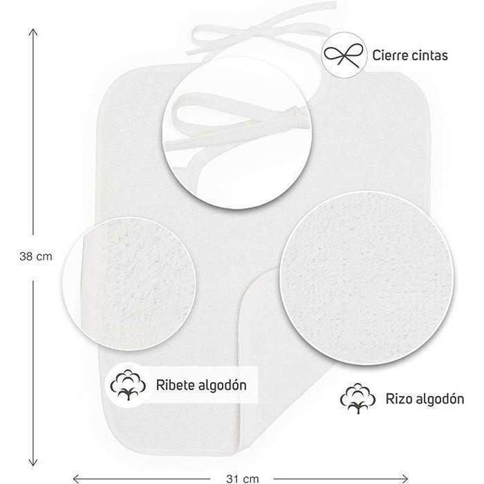 Ti TIN | Pack de 3 Bavoirs en Éponge | Pour Bébés de Plus d'1 An | Fermeture avec Rubans | Couleur Blanche | 32x36 cm