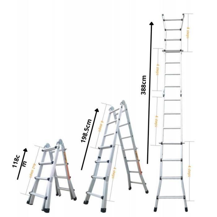 Escalera articulada de aluminio plegable y telescópica, 4x4 peldaños, 3,88 m + 2 estantes