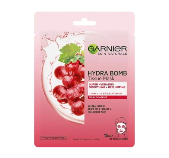 Garnier Hydra Bomb intensywnie nawilżająca maseczka na tkaninie z ekstraktem z pestek winogron 1 sztuka