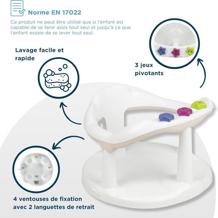 Cómoda silla de baño para bebés con aro de juego - Instalación rápida y estable - Para niños de 7 a 16 meses