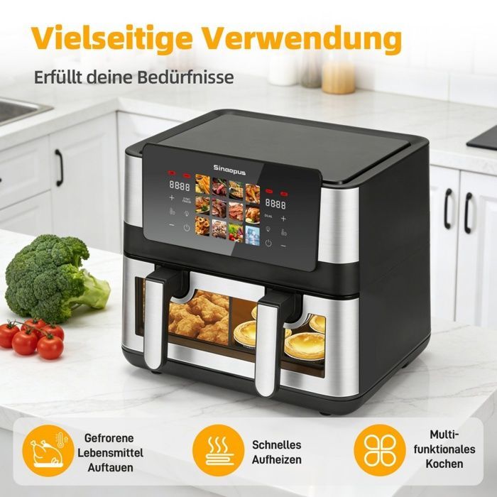 Fritadeira Elétrica sem Óleo - 8,5L Cesto Simples/Duplo - 12 Programas e Visor de Cozimento - Fritadeira sem Óleo com Tela Sensível ao Toque até 200°C - Preta