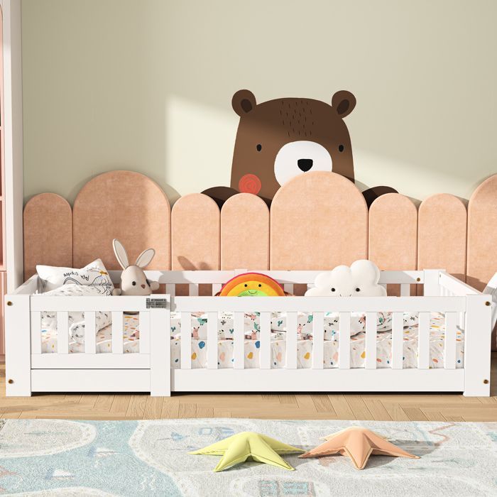 Cama de chão 90x190 cm, LUMINARIX, Cama infantil 90x190 cm com grades de segurança, estrado de ripas, Pinheiro maciço, branca