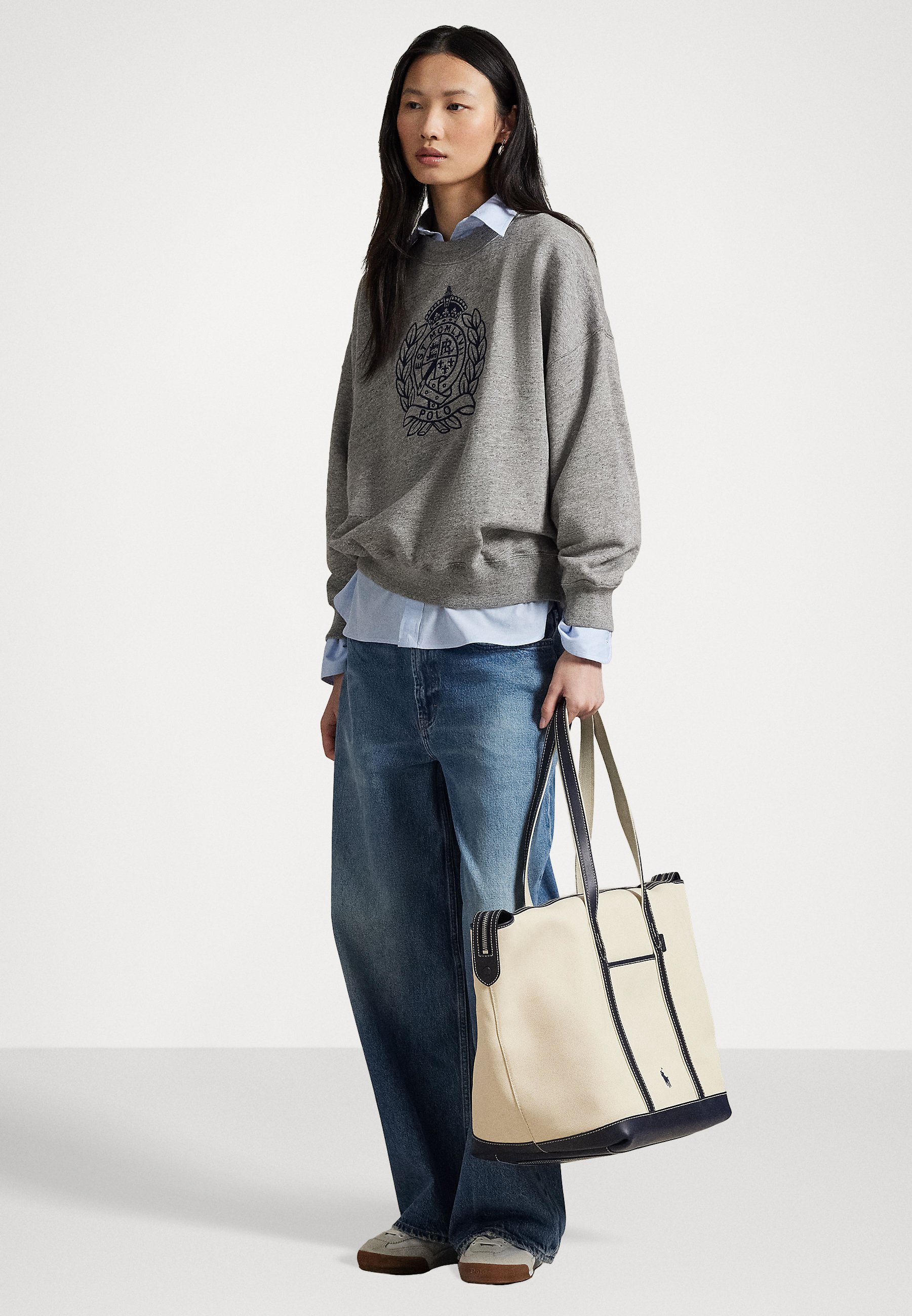 Polo Ralph Lauren LEATHER TRIM CANVAS LARGE SHOPPER TOTE - Geantă tote - ecru/bleumarin