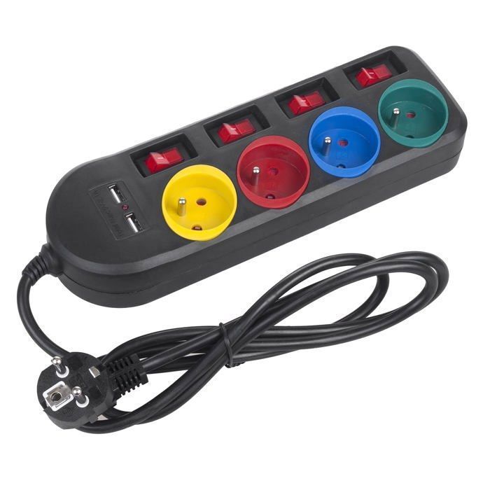 Regleta eléctrica Maclean MCE229 B con 4 tomas de corriente y 2 puertos USB, interruptores individuales y cable de 1,5 m en color negro.