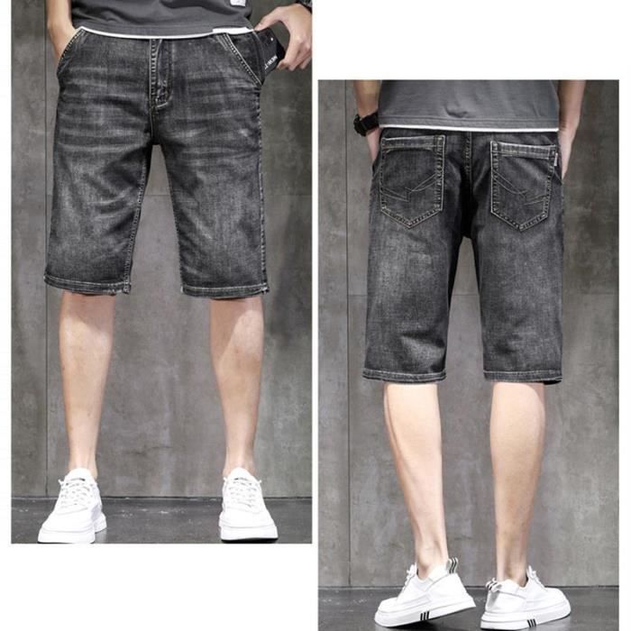 Short Homme en Jeans Gris Avec Poche zippée Antivol Short Denim Multi-poches Effet Délavé - Gris