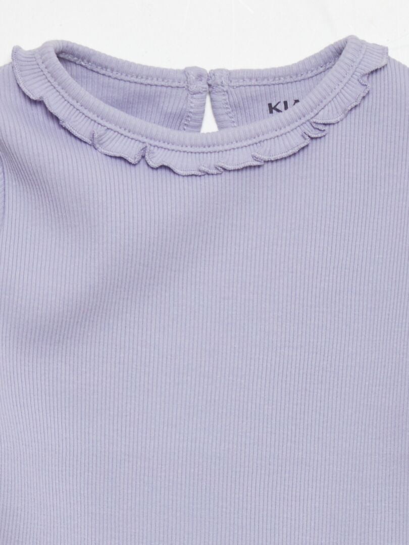Geribbeld gebreid T-shirt met rucheskraag - BLAUW