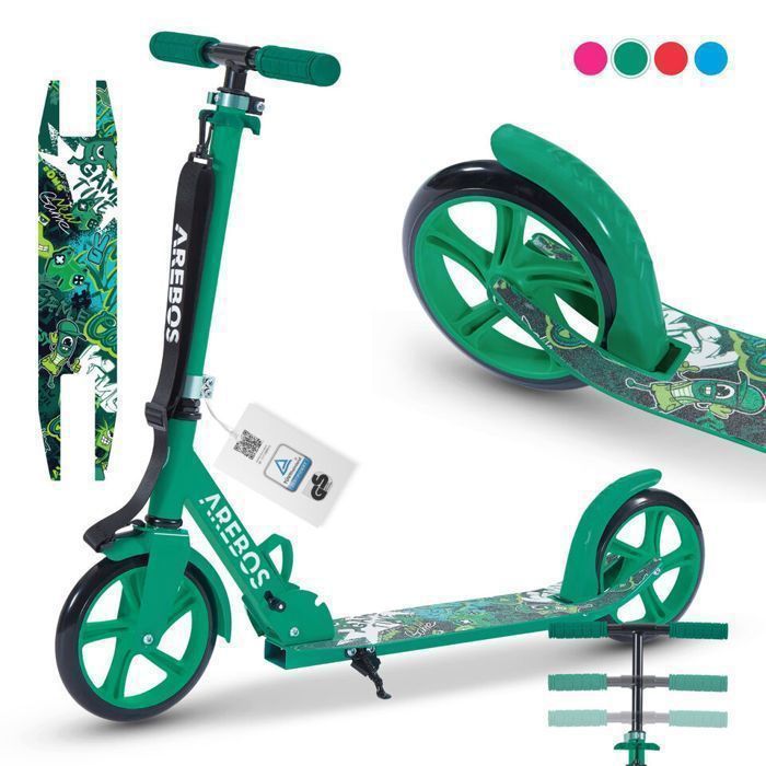 AREBOS Trottinette de ville scooter Vert réglable en hauteur | pliable | ceinture incluse | roues XXL | frein au pas | pour enfants
