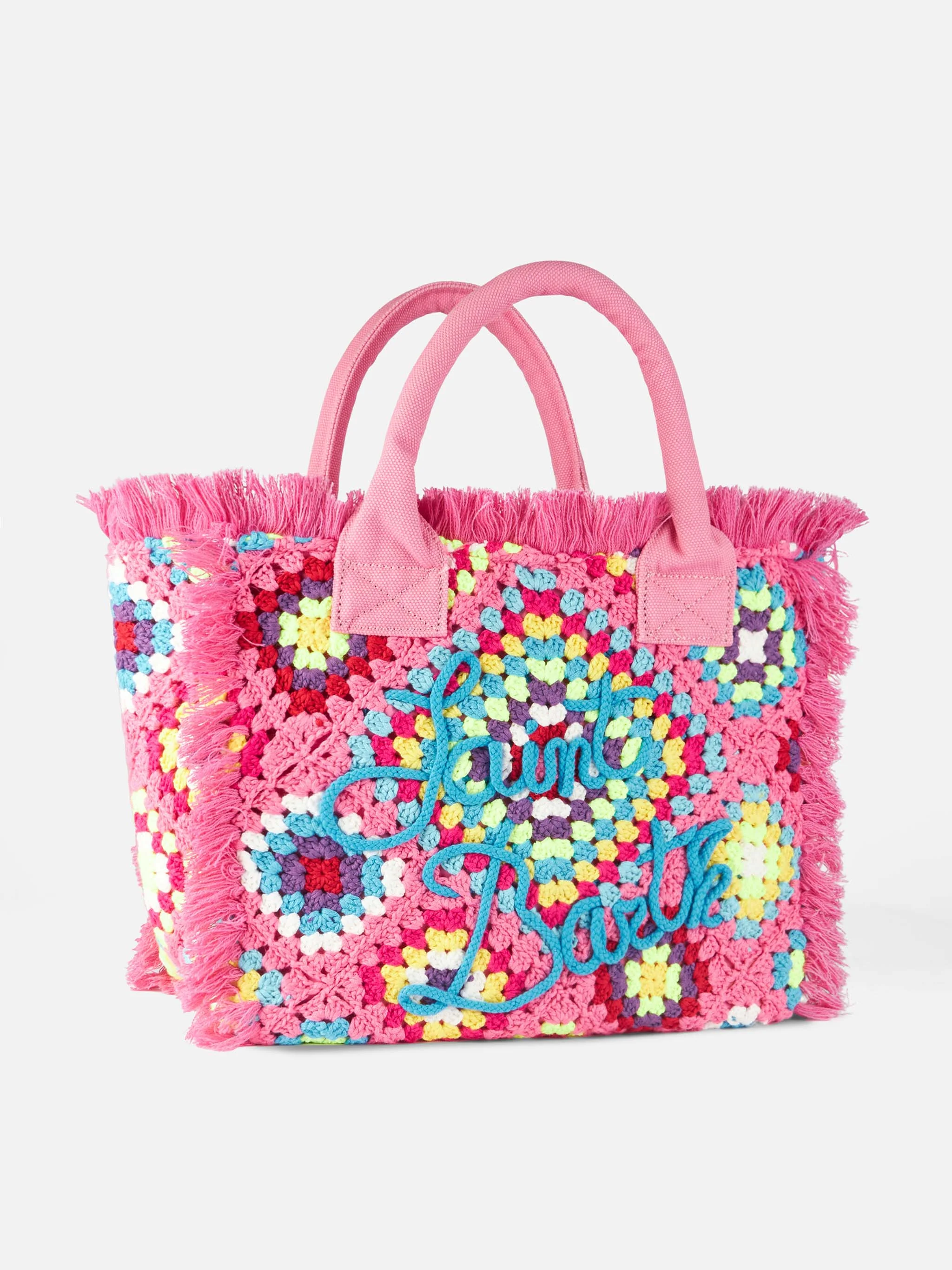 Mehrfarbige Häkel-Schultertasche mit Fransen und gesticktem Saint Barth-Logo | MC2 Saint Barth