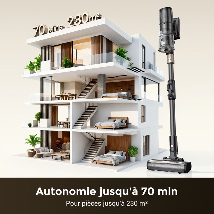 Proscenic Aspirateur balai sans fil P20 -Sec/Humide -80kPa/180AW-SmartSpeed™-70 Min-Tube Pliable à 180°- Auto-Portant -Poils animaux