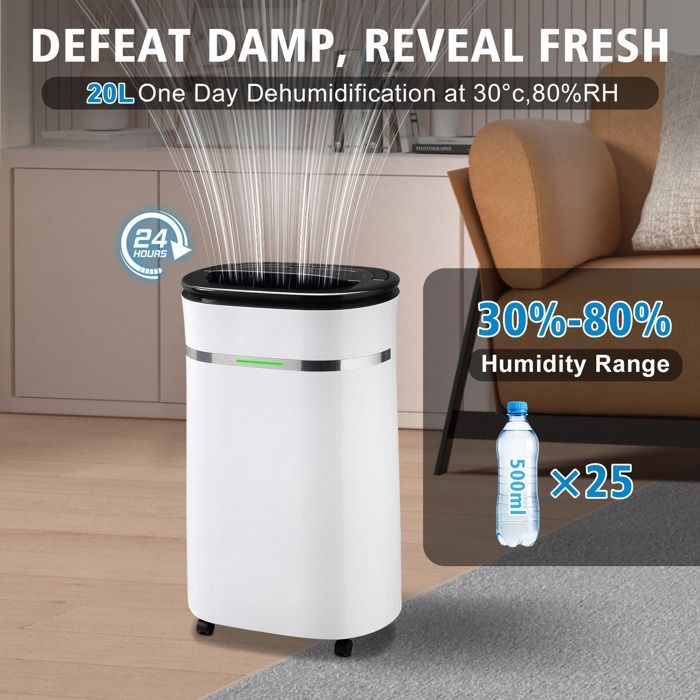 Luchtontvochtiger met een capaciteit van 20 liter per dag, ultrastille slaapkamerontvochtiger, automatische modus, vochtigheidsindicator en 24-uurs timer.