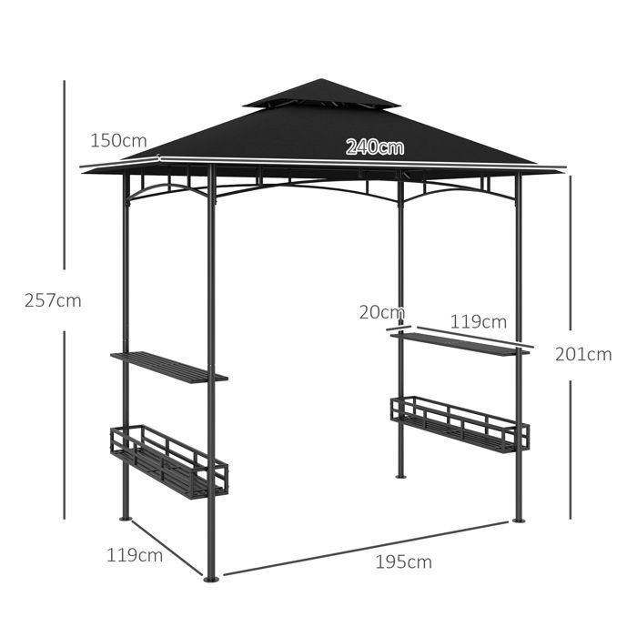 Tonnelle de barbecue - Outsunny - crochet au plafond - étagères et paniers - métal galvanisé 240 x 150 x 257 cm - gris foncé