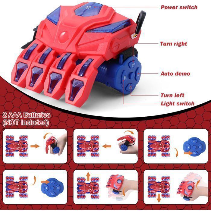 Coche teledirigido todoterreno 4x4 con guante gestual y mando a distancia con luz LED, acrobacias de 360°, doble cara, recargable por USB.