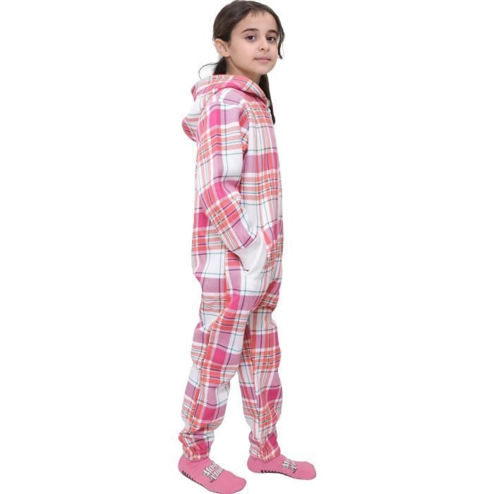 Fleece onesie loungewear set voor meisjes met roze ruitjesprint, maat 5-13 jaar