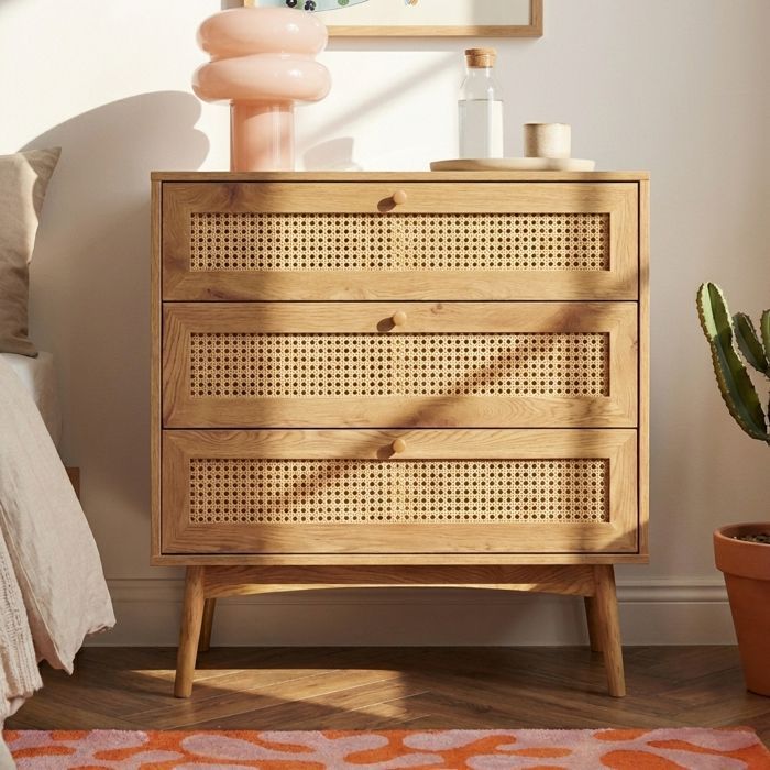 Commode INES effet chêne et cannage rotin 3 tiroirs - Bois