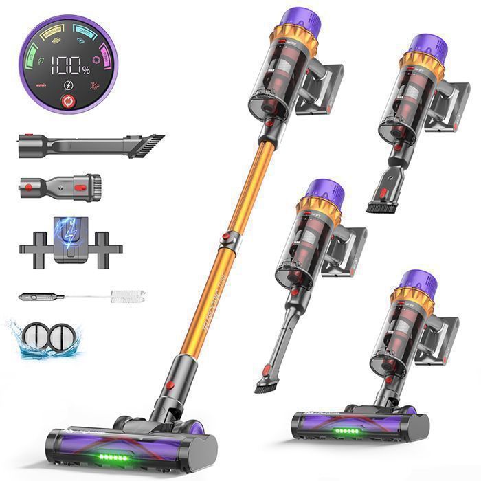 Aspirateur Balai sans Fil Erabros EV5-600W/70KPa/80 Min-Écran LED-4 Modes-Batterie Amovible-Anti-Emmêlement-LED Verte
