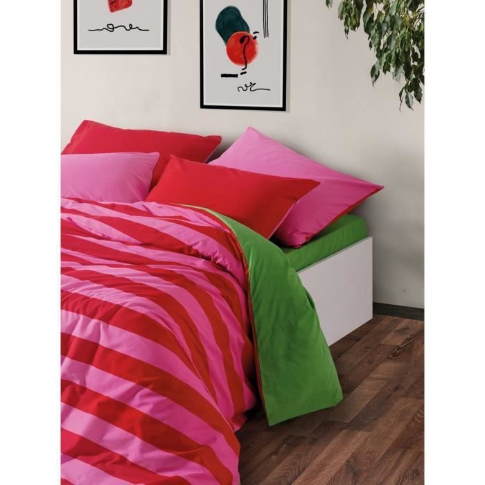 Parure de lit - 1 housse de couette 220 x 240 cm + 2 taies d'oreiller 60 x 60 cm - 100% coton renforcé - Rose