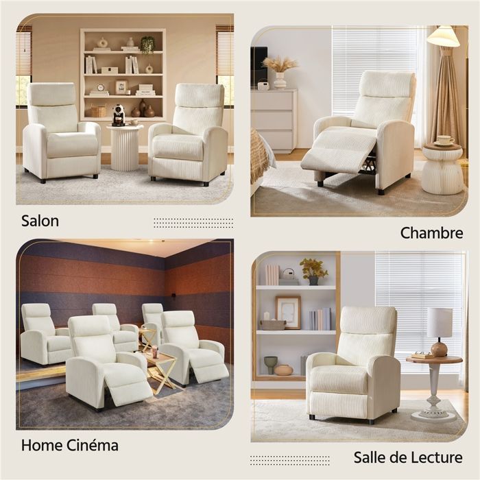 Yaheetech Fauteuil Inclinable en Velours Fauteuil de Salon Rembourré Fauteuil Convertible avec Repose Pied, Beige