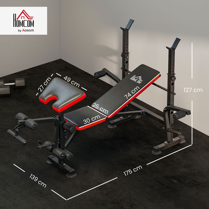 Banc de musculation - HOMCOM - avec support d'haltères - dossier réglable - acier - 175 x 139 x 127 cm - noir et rouge