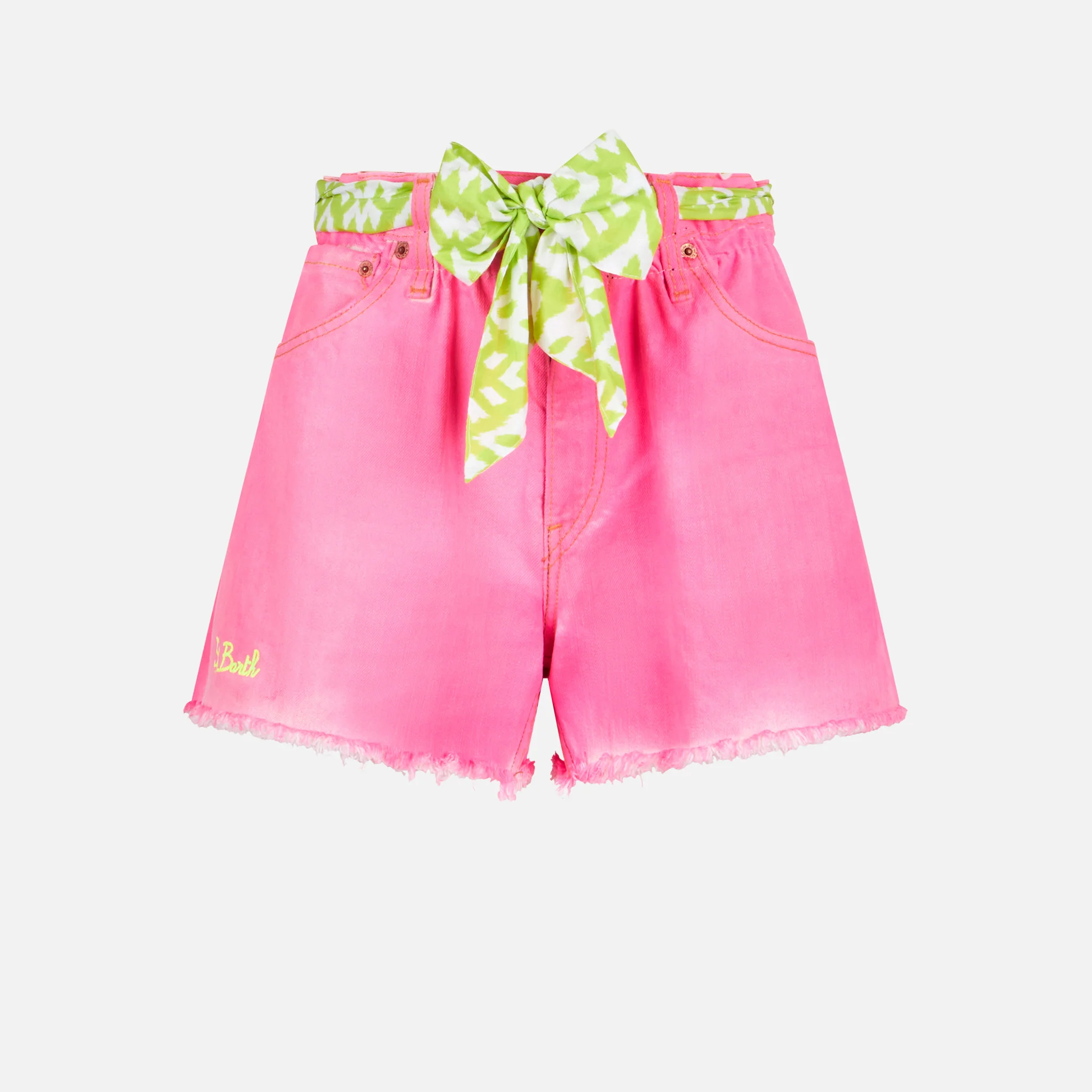 Damen-Shorts aus recyceltem, rosafarbenem Denim mit Stickerei