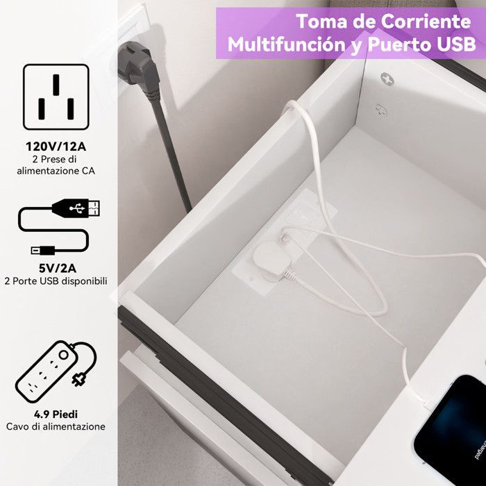 Bedside Table with USB Ports and Outlets - LDSZXNE - White - 3 Drawers - 16 Color LED Lights