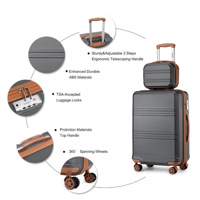 Kono Set de 4 Valises de Voyage Rigide ABS + PC Bagage Cabine avec Portable Vanity Case + Pliable Sac de Voyage pour Sport, Gris