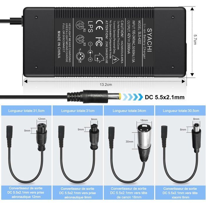 Cargador para hoverboard de 42 V y 2 A con 5 conectores, cargador universal de 36 V para patinete eléctrico Xiaomi M365 Ninebot y hoverboard.
