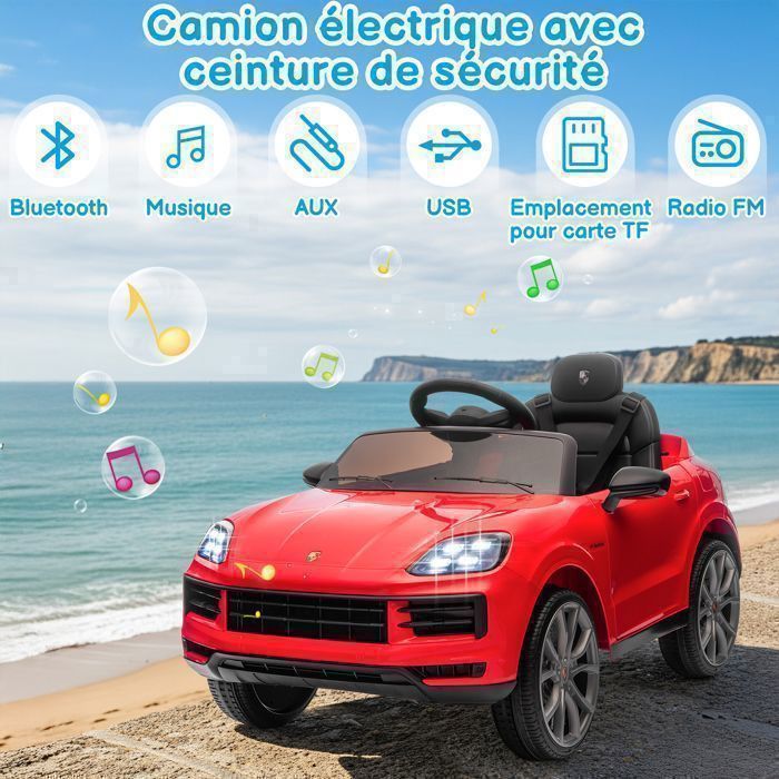 12-V-Elektroauto für Kinder mit Sound- und Lichteffekten, Porsche Cayenne – 103 x 63 x 54 cm, Rot