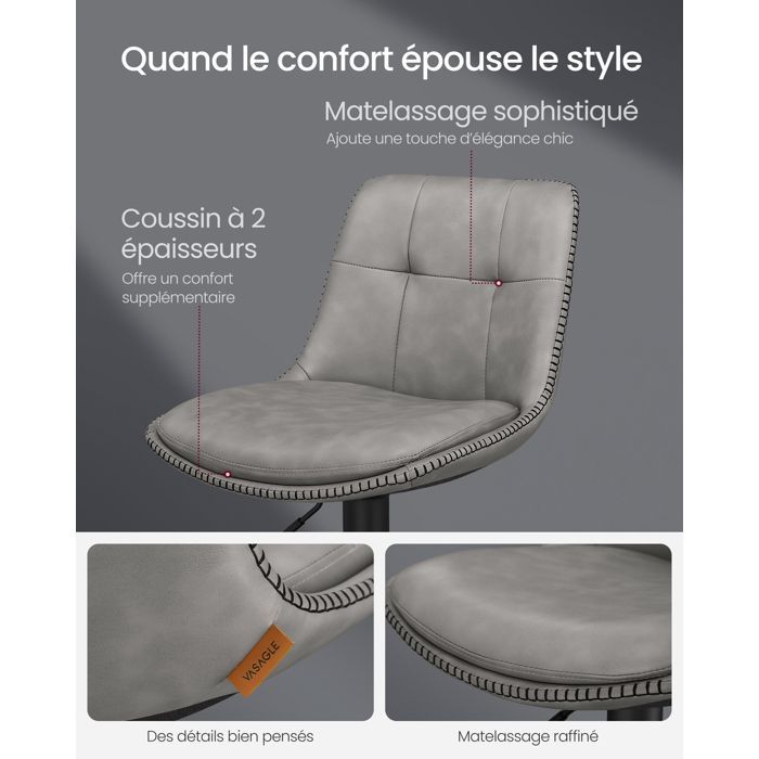 VASAGLE Bar Stools, Set of 4, Height Adjustable Swivel Seat, Padded PU Leather, with Backrest and Footrest, Gray