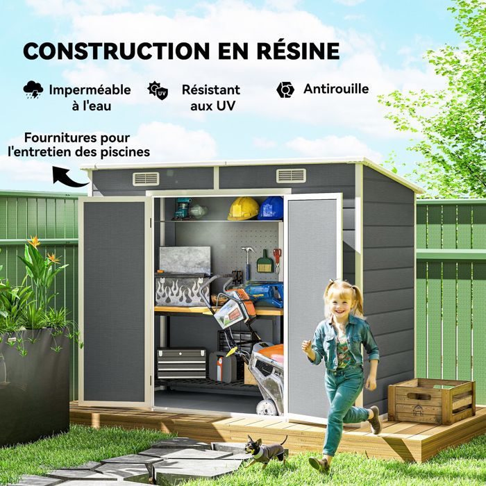 Caseta de jardín exterior - Outsunny - 2,4 x 1,3 m - con suelo - ventana - puertas con cerradura y ventilación - gris