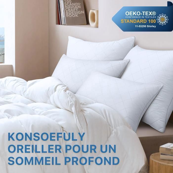 Juego de 2 almohadas de 60x60 cm, 100% fibras de poliéster huecas 7D, transpirables, hipoalergénicas, antiácaros, con certificación Oeko-Tex.