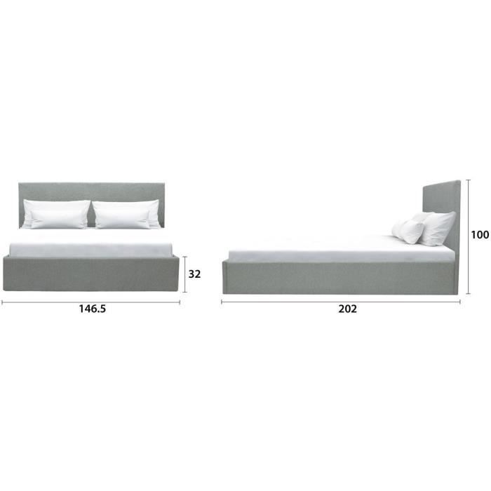 Cama con almacenamiento para adultos MARTIN - Superficie para dormir 140x190 cm - Gris claro - Base de láminas - Ancho 201 x Profundidad 146 x Alto 99 cm