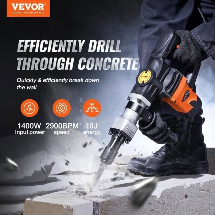1400W Demolition Hammer - VEVOR - Rotary Hammer Drill - 2 Chisels 2900 BPM