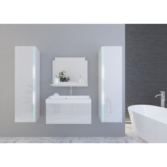 Ensemble meubles de salle de bain blanc collection BIRD, colonnes, meuble sous vasque 80 cm, miroir, siphon et LEDs