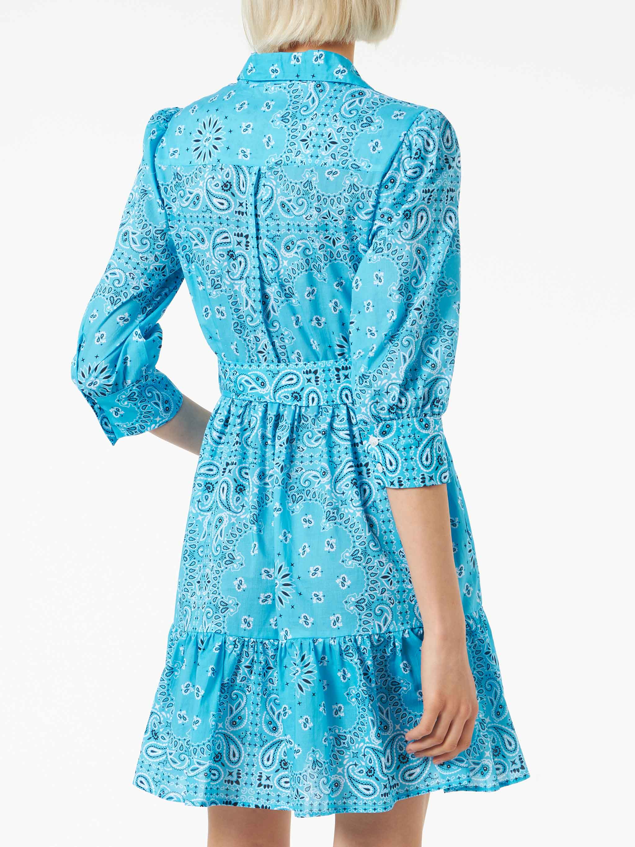 Vestido corto de algodón con estampado de pañuelo y bordado