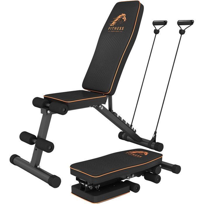 Banco de pesas plegable con cordón ajustable, respaldo ajustable en 7 posiciones, 4 posiciones de asiento, color negro y naranja.
