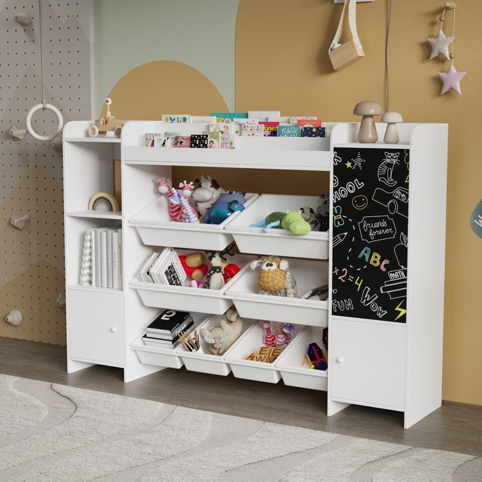 Librería infantil multifuncional, estante de madera, estante para juguetes con 8 cajas de almacenamiento, blanco, 137x30x94,5 cm.