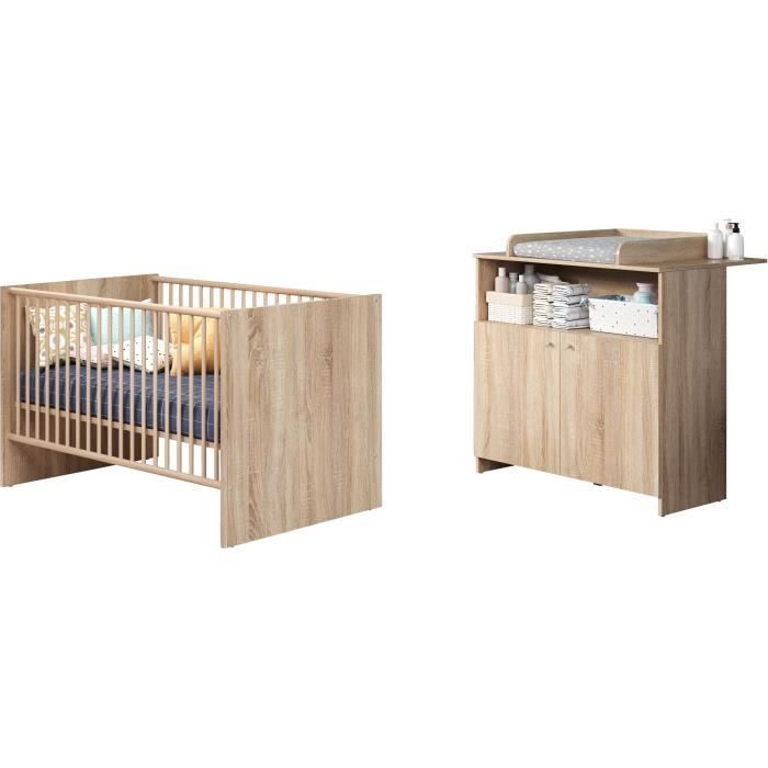 Chambre bébé duo NIKO - Lit 70x140 cm + Commode à langer 2 portes - Décor chêne naturel - TRENDTEAM