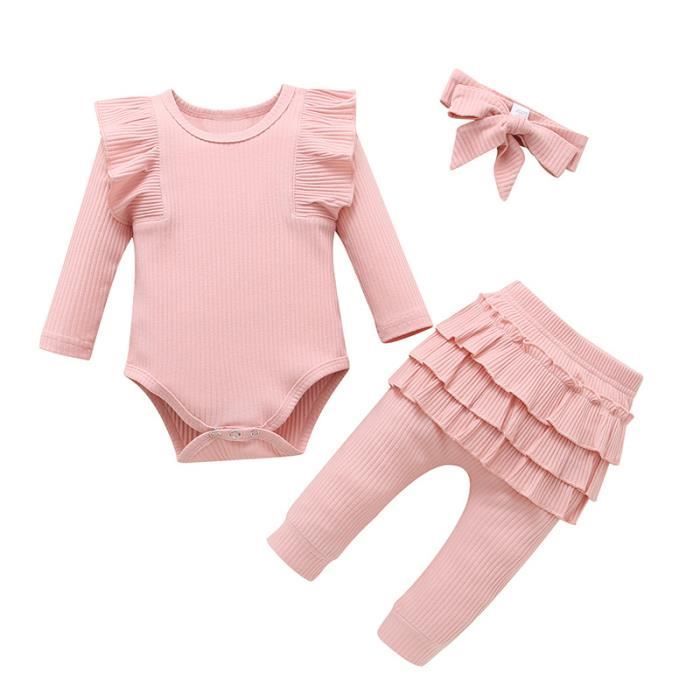 Conjunto de 3 piezas para bebé niña con encaje de volantes en algodón: body + pantalón + diadema, rosa
