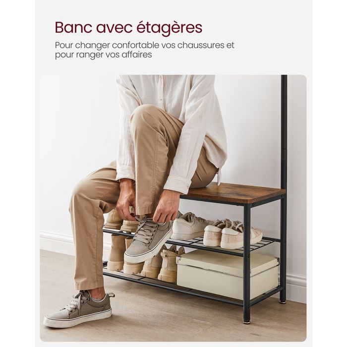 VASAGLE Porte-manteau avec Étagère à Chaussures, Meuble d’Entrée avec Banc, 3-en-1, Cadre en Acier, 32 x 85 x 175 cm, Marron et Noir