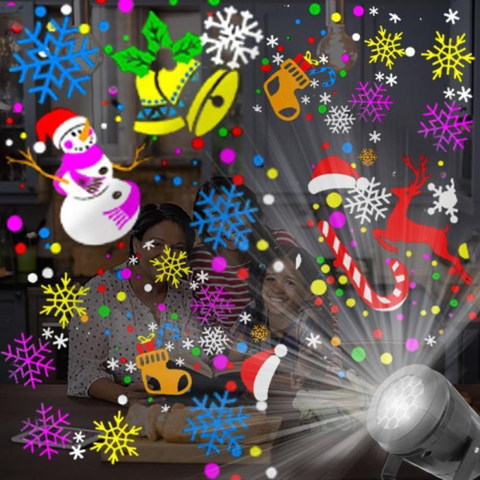Proyector LED navideño para exteriores con 16 patrones giratorios, luz de copo de nieve, decoración ambiental, soporte giratorio, 220 V, 12 x 11 x 7 cm.
