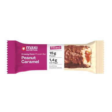 Maxi Nutrition žemės riešutų baltymų batonėlis su karamelės ir kreminės tekstūros 45 g