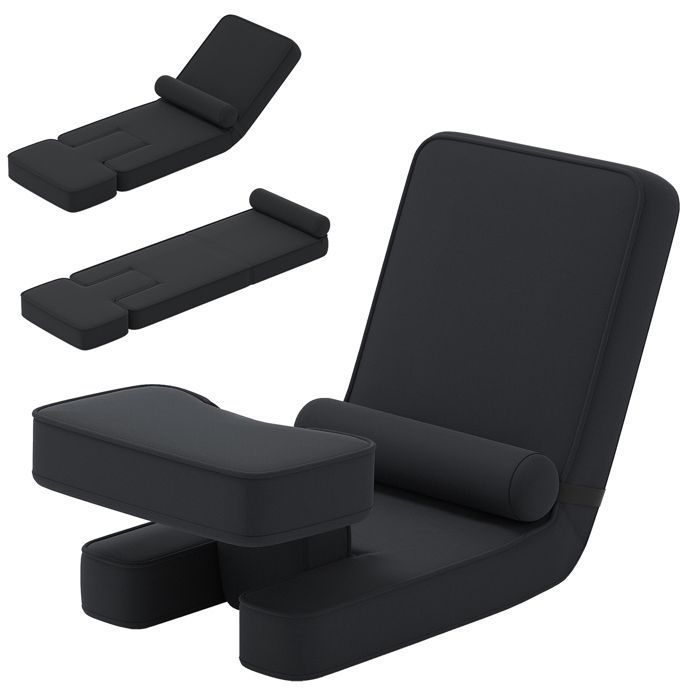 Opklapbare vloerstoel - RELAX4LIFE - Verstelbare rugleuning in 5 standen - Cilindervormig kussen - Zwart