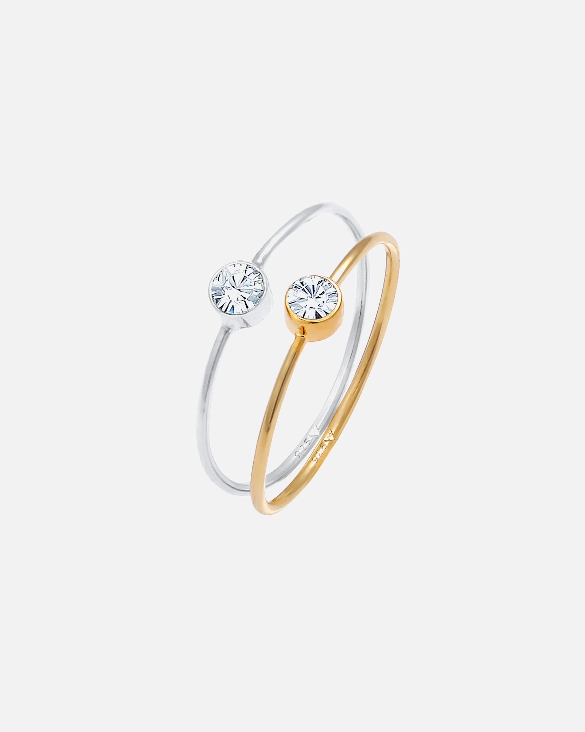 Elli Femmes Empilement Set de 2 Solitaire Basique Bicolore avec Cristal en Argent Sterling 925 Plaqué Or