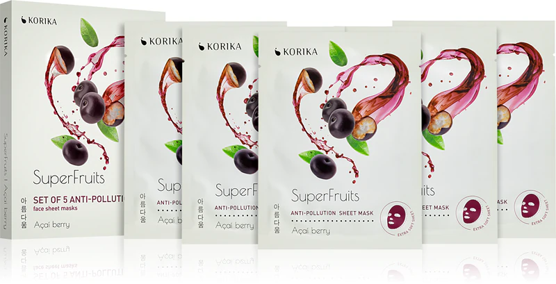 KORIKA SuperFruits Acai Berry - Set van 5 anti-vervuilingsgezichtsmaskers. Een set gezichtsmaskers met acai-bes voor een gereduceerde prijs.