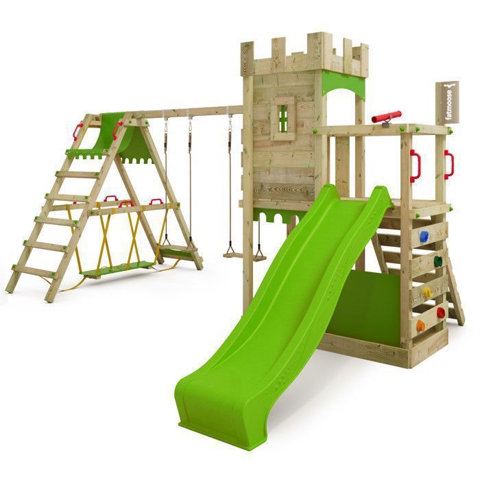 FATMOOSE BoldBaron XXL wooden play tower with SurfSwing, 220cm apple green slide and climbing wall – 10-year guarantee*