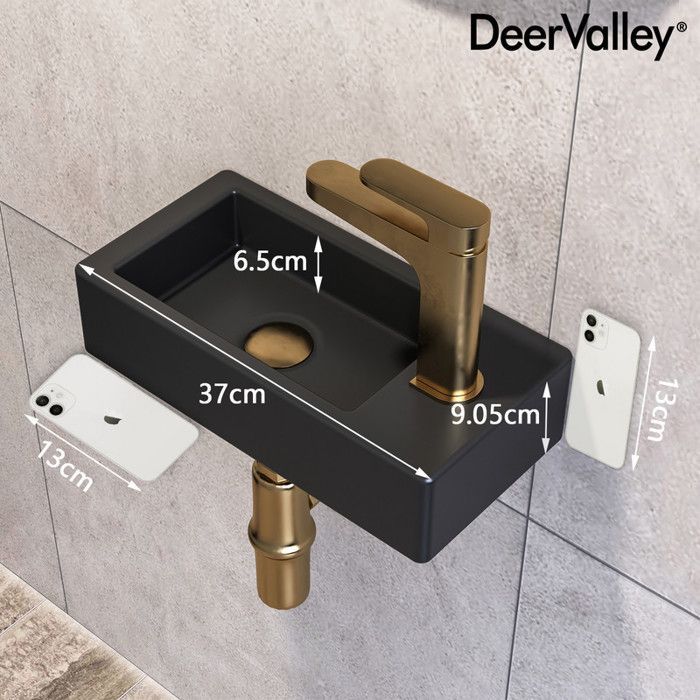 Vasque Lave Main Mini Meuble Vasque Rectangulaire Noir en Céramique pour Petit Espace (Main Droite), DV-1V0091R - DeerValley