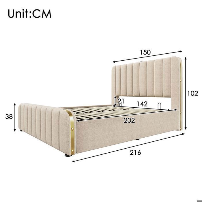 Opbergbed, gestoffeerd bed, dubbel gewatteerd hoofdeinde met USB Type-C oplaadfunctie, bed van 140x200 cm, beige