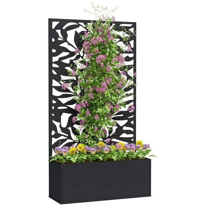 Macetero Outsunny con celosía como panel de privacidad, rectangular, de metal, 61 x 23 x 113 cm, negro.