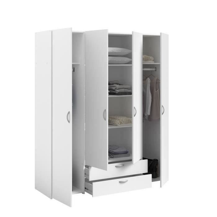 Armoire VARIA - Décor blanc - 4 portes battantes + 2 tiroirs - L 160 x H 185 x P 51 cm - PARISOT