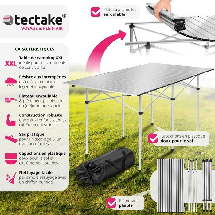 Mesa de picnic - TECTAKE - Mesa plegable de aluminio de 140 x 70 x 70 cm, resistente a la intemperie, con bolsa de transporte - Gris